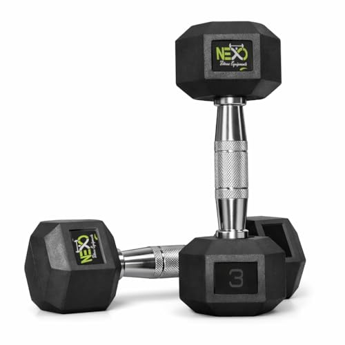 NEXO Rubber Coated Hex Dumbbells for Home Gym Exercise | Workout Dumbbells Weights for Men & Women | 6kg Hex dumbbells set of 2 (3kg x 2) | Color - Black