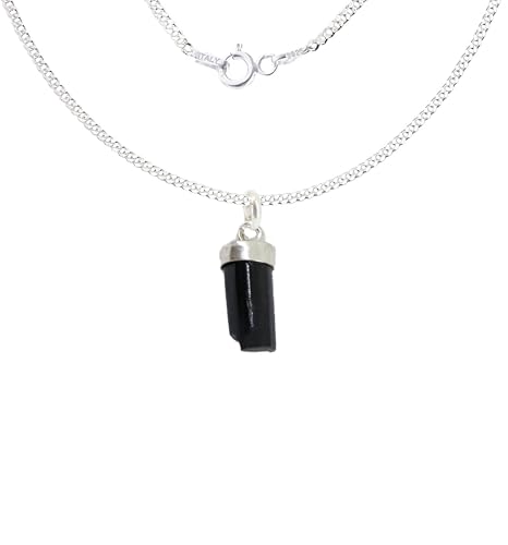 Only faith Collar de Turmalina Negra en Bruto, Plata de ley 925, Cadena plata Italiana 45 cm, Colgante 2 tamaños Grande y Mini, Piedra Natural Autentica (Mini Turmalina Negra Pulida)