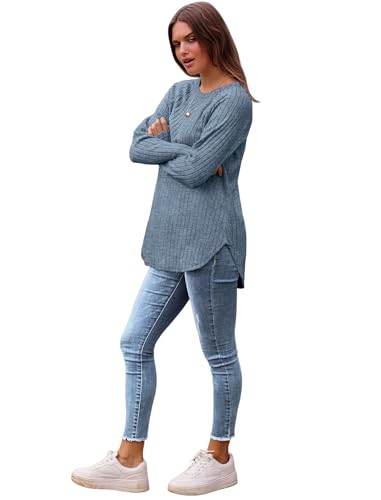 Image of Saloogoe Long Sleeve Shirts for Women 2025 Fall Clothes Tunic Tops Loose Fit Dressy Crewneck Pullover Sweaters Curved Hem
