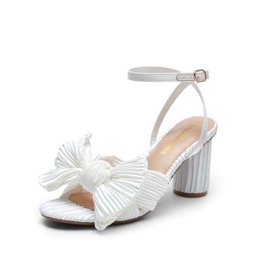 DREAM PAIRS Women's Bow Knot Heeled Sandals Low Chunky Heels Open Toe Ankle Strap Slingback Dress Shoes for Wedding Bridal Party 6 White