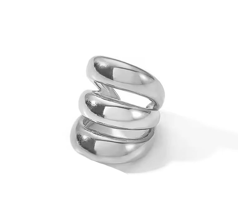 Pendientes para mujer, Aros grandes Ear Cuff Clips Diseño Circular Grueso sin Agujero, Acero Inoxidable, Dorado y Plateado, Chunky rings (Triple Aro Plateado x 1)