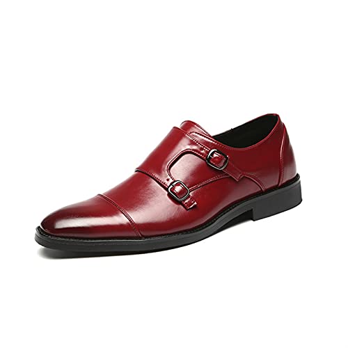 Dress Oxford for Men Slip On Monk Strap Cap Toe Black Burnished Toe PU Leather Non Slip Low Top Block Heel Anti-Slip Casual(Red,10 M US)