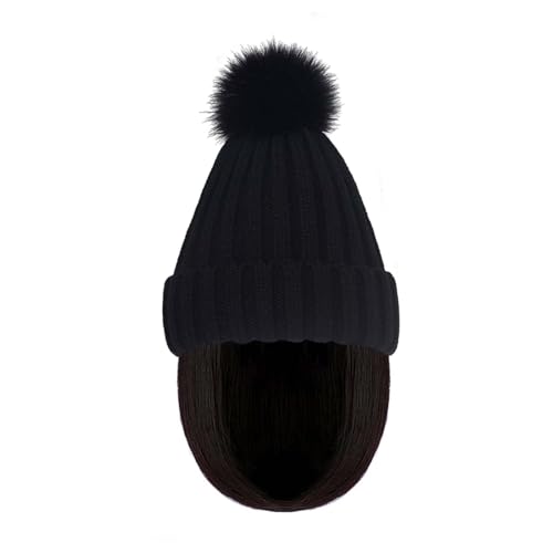 WUODHTW Women Caps with Hair Knit Beanie Cap with Extensions Short Straight Hairstyle Hat Wigs Winter Knitted hat bob Wig