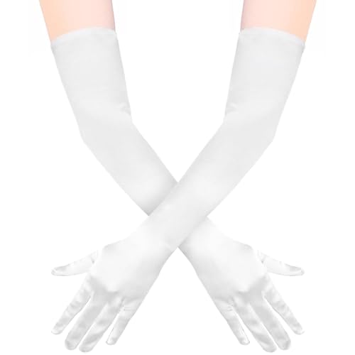 Quelcc Weiße Handschuhe Lang, 1 Paar Handschuhe Elegant Damen, Satin Classic Abendhandschuhe, 1920er Handschuhe für Classic Opera Party HalloweenKarneval Kostüm