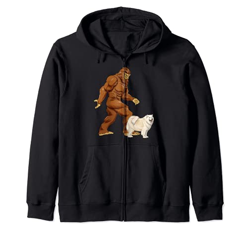 Funny Bigfoot Walking Samoyed Sasquatch Dog Zip Hoodie, Black