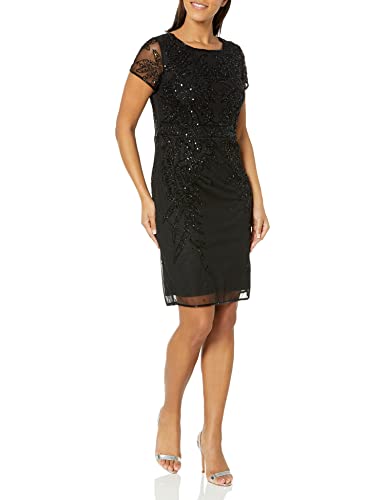J Kara Women's Cap Sleeve Boat Neck Floral Embelishment Fitted Short Dress, Black/Multi, 14 #TOP29