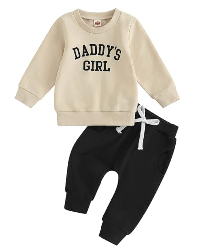Newborn Baby Christmas Clothes Toddler Baby Girl Outfit Daddys Girl Print Sweatshirt Sweatpants Pant Xmas 2Pcs Set (Apricot Black, 6-12 Months)