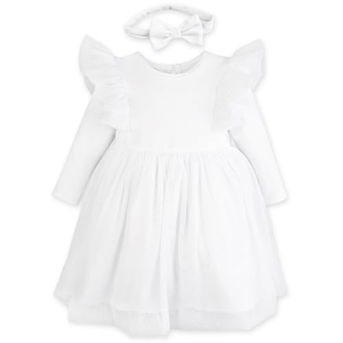 CiuchCiuch Taufkleid mit Stirnband – Ecru – für Mädchen – Für Säuglinge – Elegantes Kleid mit Rüschen – Stirnband mit Schleife – Zusammensetzung: 95% Baumwolle, 5% Elastan 68