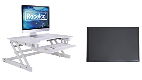 Rocelco 32" Height Adjustable Standing Desk Converter with Anti Fatigue Mat BUNDLE | Sit Stand Up Dual Monitor Riser | Computer Workstation | Large Retractable Keyboard Tray | White (R ADRW-MAFM)