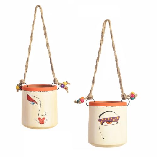 Image of AAKRITI ART CREATIONS Terracotta Handpainted Planters Set of 2 | Liza Design, Modern Art, White Matte Finish | Decorative Planters for Indoor & Outdoor Home Decor
