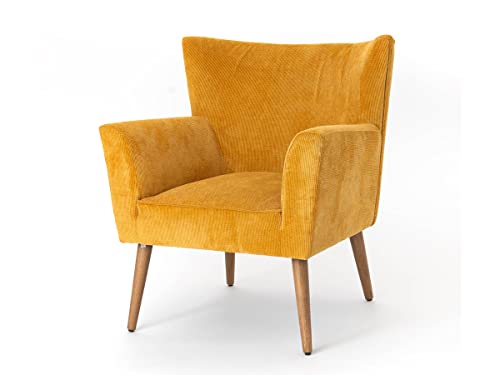 Amadeus Fauteuil Léon Jaune en Velours côtelé et Bois, Yellow, Unique