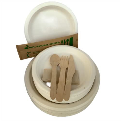 Vajilla Desechable 300 piezas, Ecológica de Caña de Azúcar, para 50 personas, 50 Platos grandes, 50 Platos pequeños, 50 sets cubiertos de madera+servilleta Cover
