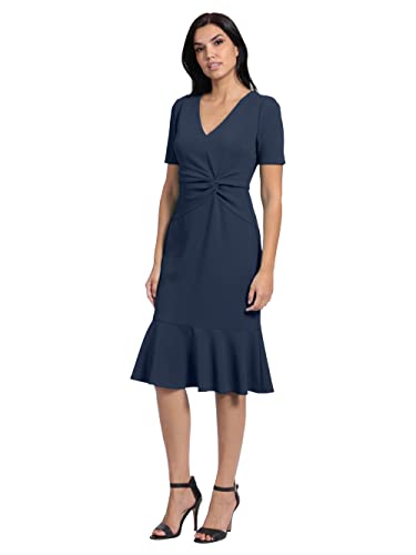 Image of London Times Women's V-Neck Dress - Flounce Hem, Twist Waist, Elegant Office & Event Wear