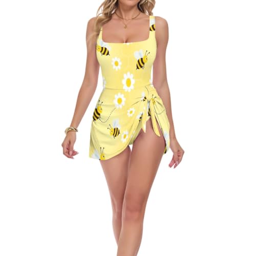 Robe de bain push-up dissimulant les formes avec bas motif dessin animé abeille jaune