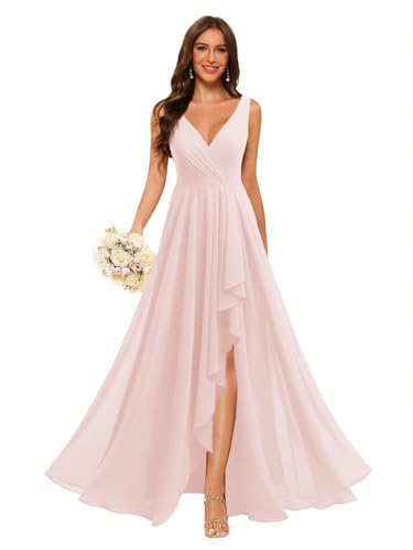 Women's Simple Chiffon V-Neck Bridesmaid Dress for Teens with Slit Long A-line Pleated Blush Pink Formal Dress for Junior 6