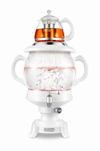 B Unique Pars khazar 4.5L Elegant Glass Electric Samovar | Digital Display Russian Persian Turkish Water Glass Teapot | Large Capacity Fast Heating Stylish Design Hot Water Tea Kettle | White