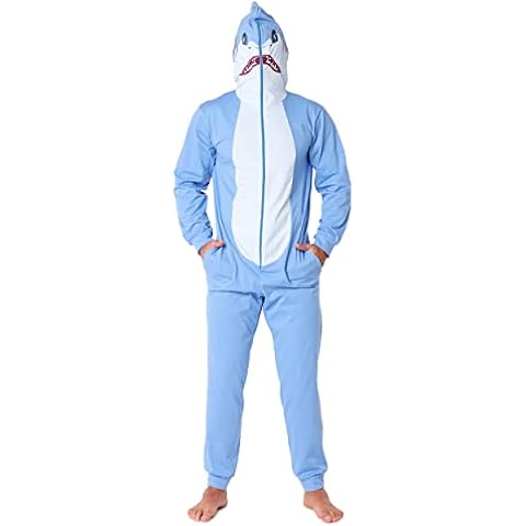 Ladeheid Herren Schlafoverall Tierkostüm aus Baumwolle Jumpsuit bunt Tiermotiv Verkleidung Schlafanzug Einteiler mit Kapuze LA40-235 (Blau Hai, XXL) Cover