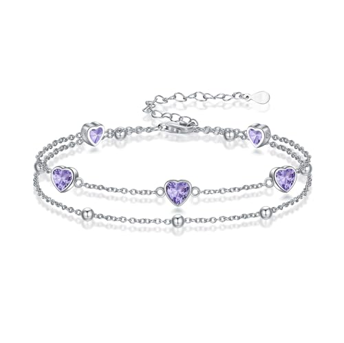 Image of Birthstone Anklet /Bracelets for Women 925 Sterling Silver Charm Link Double Strand Heart Birthstone Jewelry Gift for Wife Women Mother's Day Gift