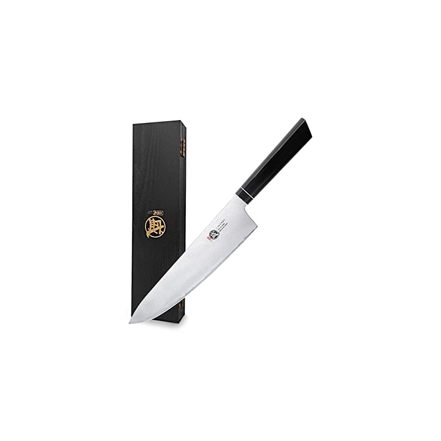 MITSUMOTO SAKARI 8 inch Japanese Gyuto Chef Knife, Hand Forged VG-10 Kitchen Knife, Professional Meat & Vegetable Knife (G10 Handle & Sandalwood Box)