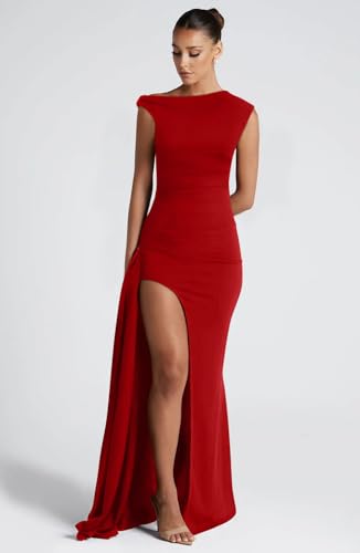 Image of Memoriesea Women's Elegant Off Shoulder Ruched High Split Wedding Party Maxi Dress Red