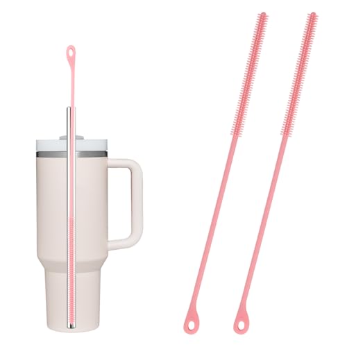 BOXOB 2pcs Silicone Straw Cleaner Brush, 9.5in Extra Long Reusable Straw Brush for Stanley, Metal, Glass Straws, Bendable Travel Drinking Bottle Lid Cleaning Tool for Crevice Pipe Tube (Pink)