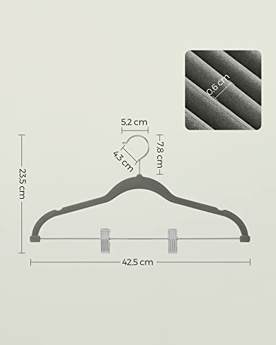 Image of SONGMICS Velvet Hangers with Clips, 12 Pack, 42.5 x 23.5 x 0.6 cm | Space Saving Hangers for Skirts and Trousers, Non-Slip, Adjustable Clips, Grey, BREANNA Collection CRF12V