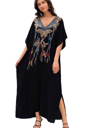 YOUKD Brodé Floral Spacieux Caftan Boho Plage Bikini Couvrir Jusqu’à La Robe Grande Taille pour Les Femmes