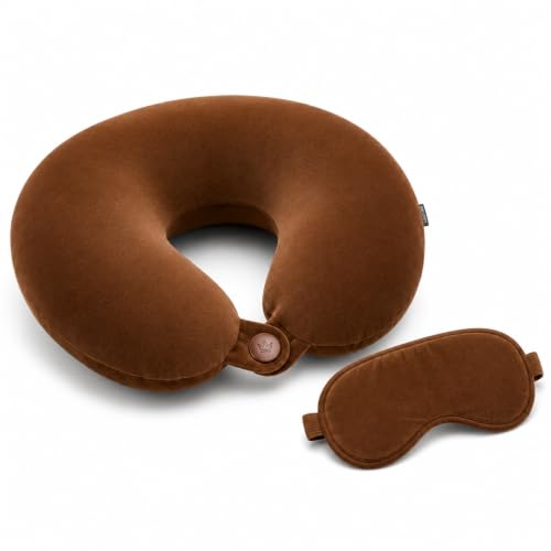 Image of Travel Neck Pillow for Adults, Fiber Filled U-Shaped Neck Support Pillow with Button Closure, Soft Plush Neck Cushion for Airplane, Car, Office & Travel (Brown)