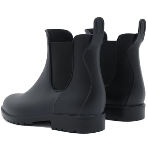 Acfoda Gummistiefel Damen Kurzschaft Regenstiefel Wasserdicht Lack Regenschuhe Frauen Gummistiefeletten Ankle Chelsea Boots mit Blockabsatz Schwarz Gr.39