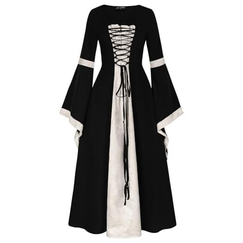 Vestidos largos para mujer, medieval, renacentista, retro, corte de Halloween, elegante, ajustado, corsé, manga acampanada, vestidos de gala vintage de moda, disfraces de Halloween, beige, L