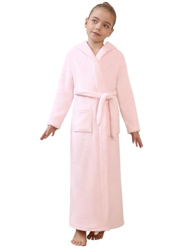 Image of Jxstar Girls Bathrobes Kids Long Hooded Robes Plush Full Length Coral Fleece Pajamas Sleepwear