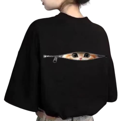 [ブブ オーハナ] Tシャツ ゆったり 大きめ ネコ デザイン プリント カジュアル レディース 女性 用 春 夏 秋 冬 服 半袖 ティーシャツ トップス 体型カバー オーバー サイズ ビッグ シルエット ドロップ ショルダー (JP, アルファベット, XL, 黒)（Amazon）