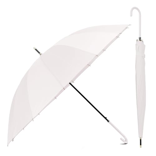BESCH Paraguas Largo Clásico Grande Automático y Resistente al Viento (Blanco 16 Varillas Mango Fino)
