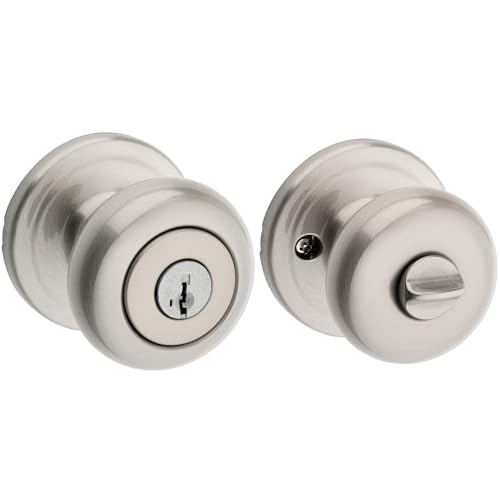 Kwikset Juno Entry Door Knob with Lock and Key, Secure Keyed Handle Exterior, Front Entrance and Bedroom, Satin Nickel, Pick Resistant SmartKey Rekey Security and Microban, 2