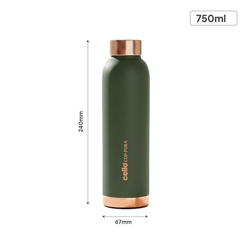 Image of CELLO Evita Copper Water Bottle For Daily & Office Use 700 ml, Green | Leakproof & Rustproof ISI Certified Single Wall 100% Pure Copper Promotes Immunity, Improve Digestion & Supports Healthy Living