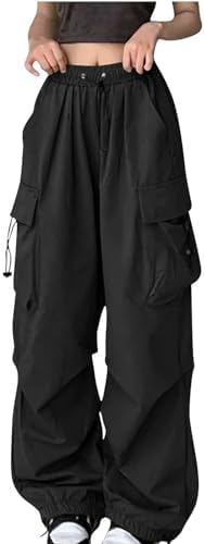 Cargo Pants Women High Waisted Baggy Fashion Streetwear Y2k Drawstring Trousers Outdoor Workout Wide Leg Hiking Pants Black