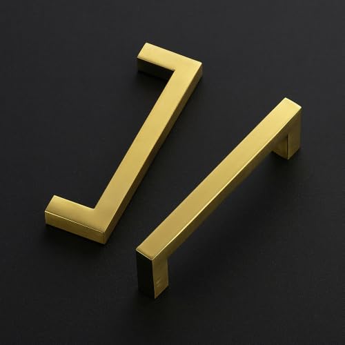 Image of Ravinte 5 Pack Kitchen Gold Cabinet Handles 4-1 /2 Inch Hole Center Stainless Steel Square Cabinet Pulls for Dresser Drawer Cupboard Handles with Screwdriver