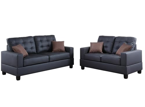 Poundex Bobkona Aria Faux Leather 2 Piece Sofa and Loveseat Set, Black