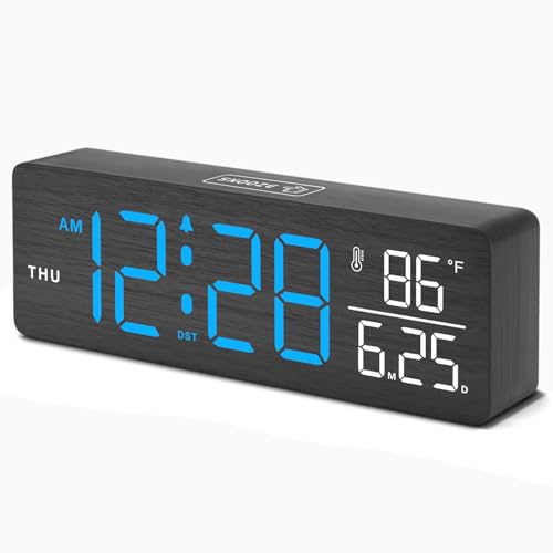Image of DreamSky Wooden Digital Alarm Clock with Date & Day of Week for Bedroom | Large Display Desk Clock for Living Room, Temperature, Dimmer, Adjustable Volume, Auto DST, Office Wood Decor (Plug-in)