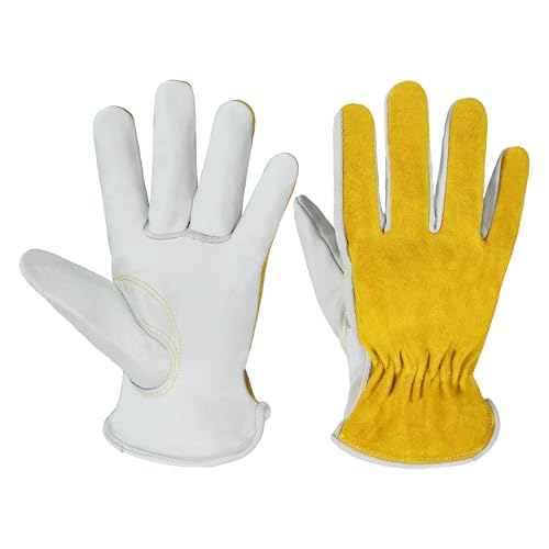HANDLANDY Men Leather Gardening Gloves, Utility Work Gloves for Mechanics, Construction, Driver Beige-yellow (1 Pair) Large
