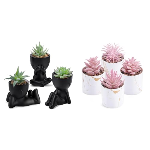 Der Rose Bundle of 3pcs Fake Succulents Plants and 4 Packs Fake Plants for Home Room Bathroom Living Room Decor