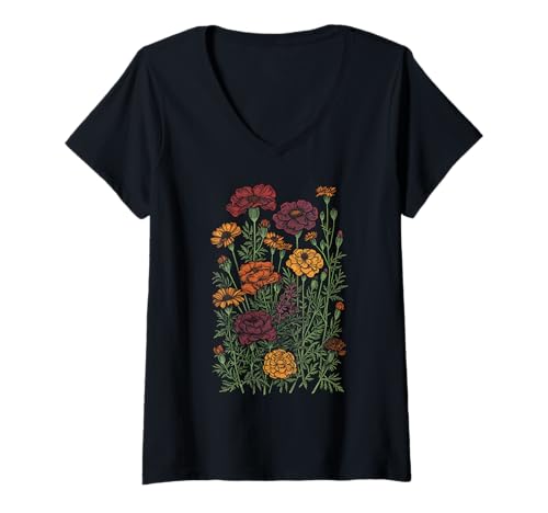 Mujer Vintage Botanical Caléndula Flor Girl Cute Floral Plant Mom Camiseta Cuello V