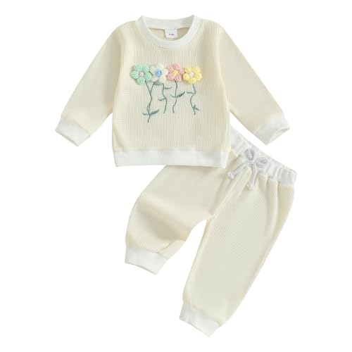 Amnnchya Toddler Clothes For Girls Baby 3D Flower Fall Winter Outfits Stripes Waffle Sweatshirt Pullover Cute Pants Set (Apricot Floral, 12-18 Months)