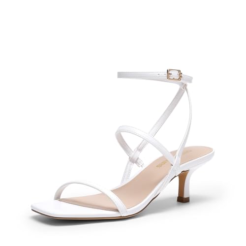 DREAM PAIRS Kitten Heels for Women, Strappy Square Open Toe Ankle Buckle Heeled Sandals Wedding Party Dress Shoes 6.5 White