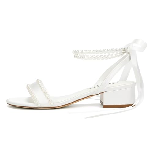 Comfortable Wedding Shoes for Bride Low Heel Bridal Shoes Pearl Sandals Low Block Heels3