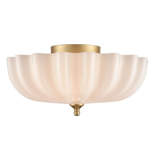 Gold Ceiling Light Fixture Brass Bedroom Flush Mount Ceiling Light Modern Gold for Entryway Bathroom Living Room Milky Glass Flower Scalloped Shade