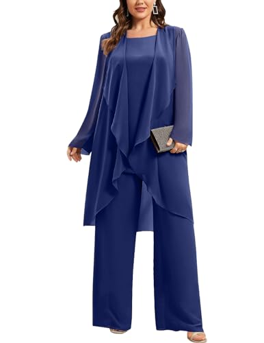 3 Pieces Pleated Mother of Bride Pant Suits Chiffon for Wedding Guest Evening Gowns Ruffles with Long Jacket