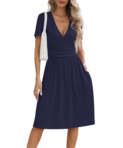 Image of NILOUFO Women's Summer Short Sleeve Casual Dress Wrap V Neck Party Midi Dresses with Pockets