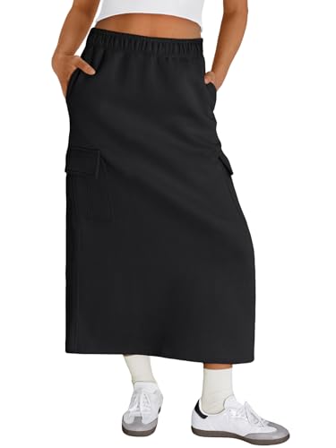 Trendy Queen Midi Skirts for Women Cargo Skirts with Pockets Long Sweat Skirts 2025 Winter Clothes Black L