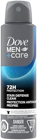 Dove Men+Care Antiperspirant Deodorant Dry Spray For Men Anti-White Marks & Yellow Stains, 72-hour Sweat and Odour Protection Stain Defense Clean with Triple Defense Technology, 107g